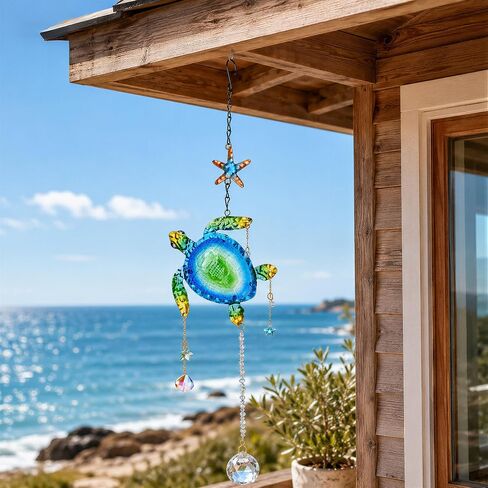 YU FENG Crystal Fish Suncatcher Window Hanging, 18.5 Inch Colorful Coastal Sun Catcher with Prisms, Metal Hanging Ornament for Beach Ocean Home Garden Decor, Gift for Beach Lovers in Saudi Arabia