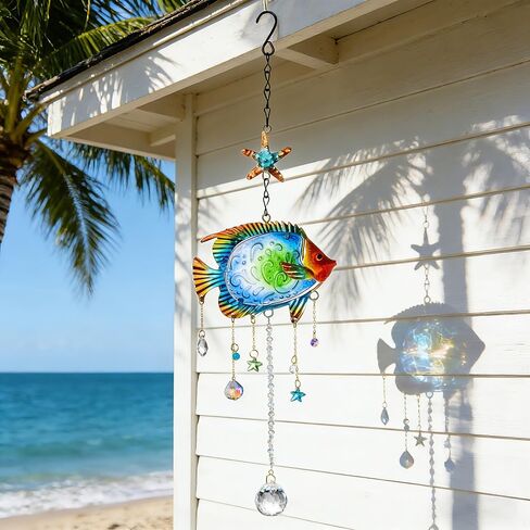 يو فنغ كريستال الأسماك Suncatcher نافذة معلقة، 18.5 بوصة ملونة ساحلية الشمس الماسك مع المنشور، زخرفة معدنية معلقة لشاطئ المحيط ديكور حديقة المنزل، هدية لمحبي الشاطئ in Kuwait