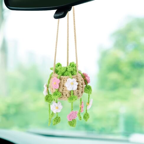 Vansolinne Cute Car Accessories Crochet Hanging Basket Flower Plant Car Ornament for Rearview Mirror Decor Interior Aesthetic Plant Lovers Gifts for Women and Men Drivers in Saudi Arabia