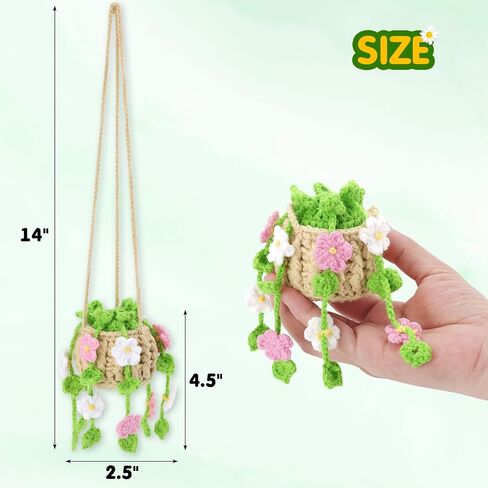 Vansolinne Cute Car Accessories Crochet Hanging Basket Flower Plant Car Ornament for Rearview Mirror Decor Interior Aesthetic Plant Lovers Gifts for Women and Men Drivers in Saudi Arabia