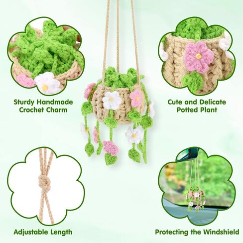Vansolinne Cute Car Accessories Crochet Hanging Basket Flower Plant Car Ornament for Rearview Mirror Decor Interior Aesthetic Plant Lovers Gifts for Women and Men Drivers in Saudi Arabia