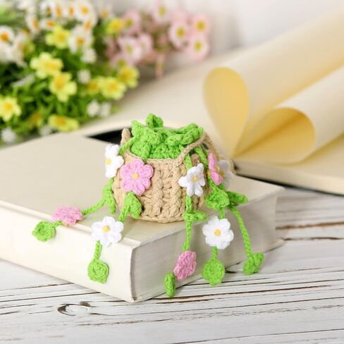 Vansolinne Cute Car Accessories Crochet Hanging Basket Flower Plant Car Ornament for Rearview Mirror Decor Interior Aesthetic Plant Lovers Gifts for Women and Men Drivers in Saudi Arabia