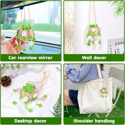 Vansolinne Cute Car Accessories Crochet Hanging Basket Flower Plant Car Ornament for Rearview Mirror Decor Interior Aesthetic Plant Lovers Gifts for Women and Men Drivers in Saudi Arabia