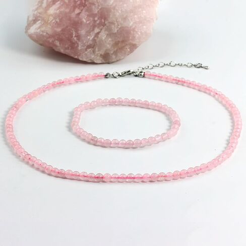 Natural Rose Quartz Round Beaded Jewelry Set for Women Stone Round Beaded Necklaces Stretch Bead Bracelets for Jewelry Gift in Kuwait