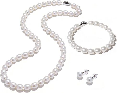 Freshwater Cultured Pearl Necklace Set Includes Bracelet and Stud Earrings - Genuine Pearl Jewelry Gifts for Women, for Mother's Day, Valentine's Day, Birthday in Saudi Arabia