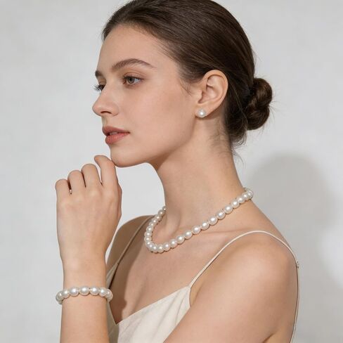 Freshwater Cultured Pearl Necklace Set Includes Bracelet and Stud Earrings - Genuine Pearl Jewelry Gifts for Women, for Mother's Day, Valentine's Day, Birthday in Saudi Arabia