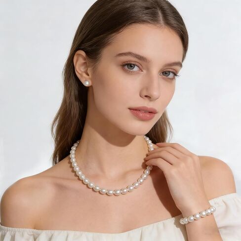 Freshwater Cultured Pearl Necklace Set Includes Bracelet and Stud Earrings - Genuine Pearl Jewelry Gifts for Women, for Mother's Day, Valentine's Day, Birthday in Saudi Arabia