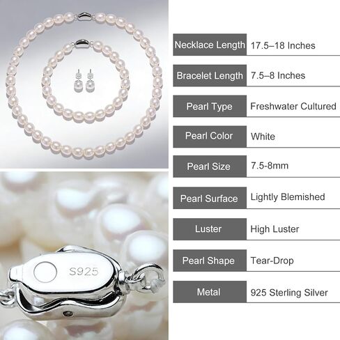 Freshwater Cultured Pearl Necklace Set Includes Bracelet and Stud Earrings - Genuine Pearl Jewelry Gifts for Women, for Mother's Day, Valentine's Day, Birthday in Saudi Arabia