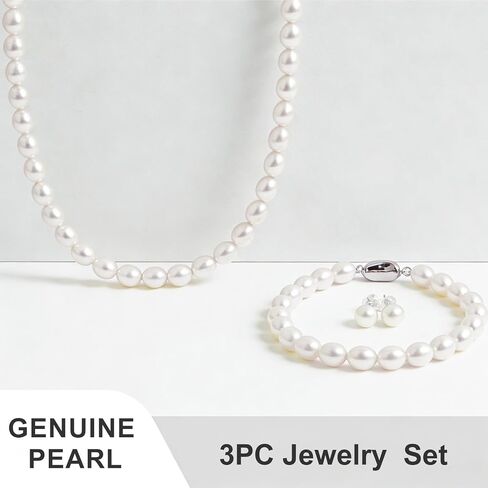 Freshwater Cultured Pearl Necklace Set Includes Bracelet and Stud Earrings - Genuine Pearl Jewelry Gifts for Women, for Mother's Day, Valentine's Day, Birthday in Saudi Arabia