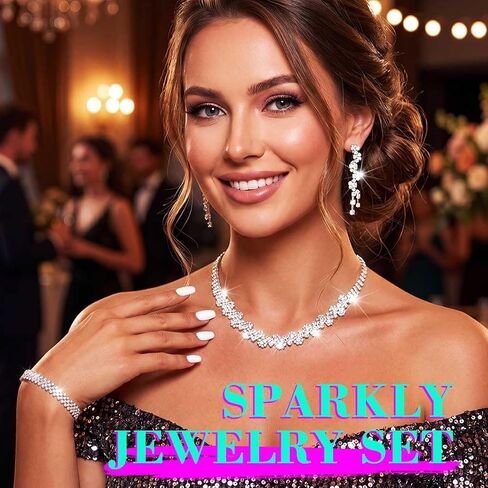 مجموعة مجوهرات من حجر الراين Sixexey أقراط الزفاف وقلادة وإكسسوارات مجوهرات للحفلات الراقصة للنساء in Kuwait