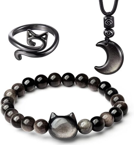 Huwena 3 Pcs Black Obsidian Cat Jewelry Set for Women, Graduation Gifts 2026, Cat Necklace Bracelet Ring Set,Meaningful Graduation Keepsake for Cats Lovers, Good Luck Protection Gift in Kuwait