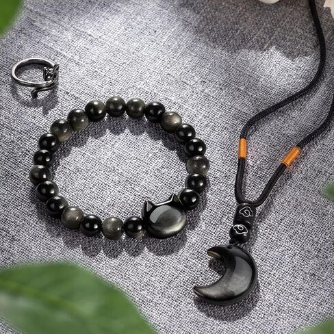 Huwena 3 Pcs Black Obsidian Cat Jewelry Set for Women, Graduation Gifts 2026, Cat Necklace Bracelet Ring Set,Meaningful Graduation Keepsake for Cats Lovers, Good Luck Protection Gift in Kuwait