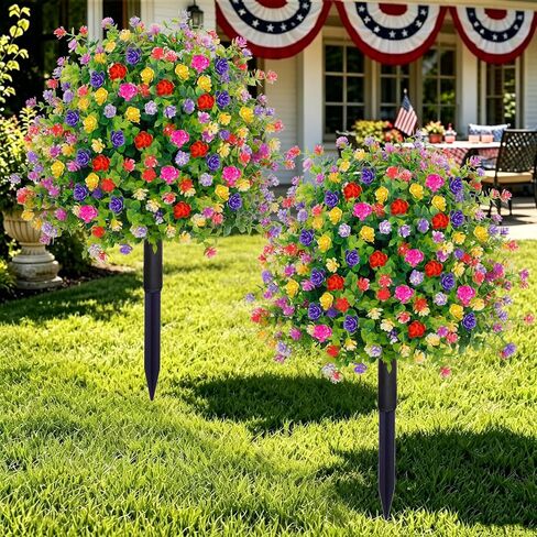 2 Pack Artificial Boxwood Topiary Ball Trees with Ground Spike, UV Resistant Faux Greenery Shrubs Outdoor 23 Inches, Fake Plants Flowers Brush for Indoor Front Porch Garden Spring Decor in Saudi Arabia