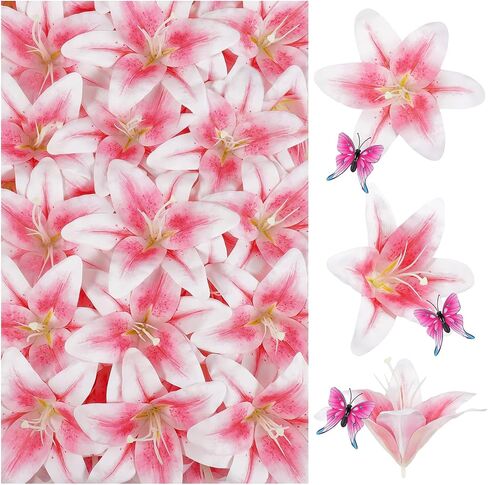 32 Pack Large Artificial Lilies Flower Heads with Realistic Stamens 5.5" Faux Fake Lily Silk Flower Heads Bulk with Butterfly for DIY Crafts Cake Wedding Bridal Wreaths Table Home Party Decoration in Saudi Arabia