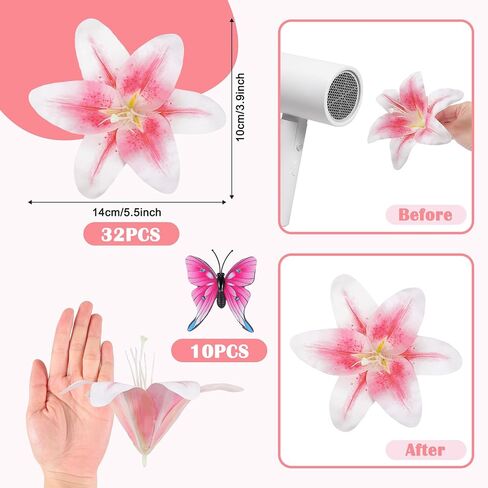 32 Pack Large Artificial Lilies Flower Heads with Realistic Stamens 5.5" Faux Fake Lily Silk Flower Heads Bulk with Butterfly for DIY Crafts Cake Wedding Bridal Wreaths Table Home Party Decoration in Saudi Arabia