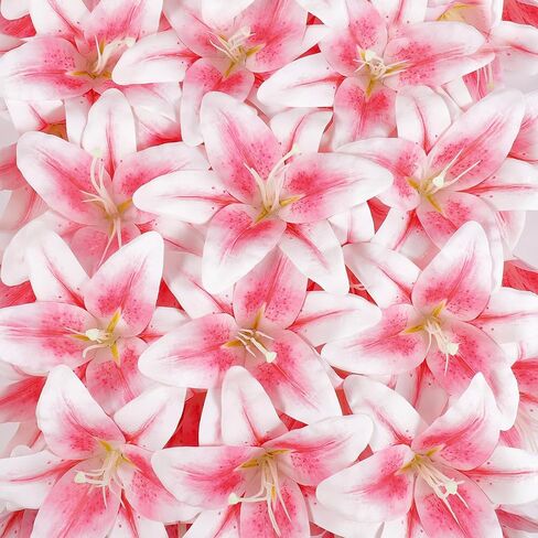 32 Pack Large Artificial Lilies Flower Heads with Realistic Stamens 5.5" Faux Fake Lily Silk Flower Heads Bulk with Butterfly for DIY Crafts Cake Wedding Bridal Wreaths Table Home Party Decoration in Saudi Arabia