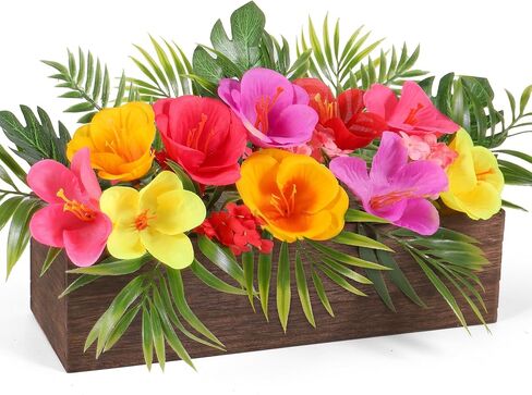 Dlerom Hawaiian Table Centerpieces Artificial Hibiscus Flowers Arrangements Wooden Crate, Wooden Planter with Tropical Palm Leaves for Summer Beach Tiered Tray Shelf Table Home Aloha Luau Party Decor in Saudi Arabia