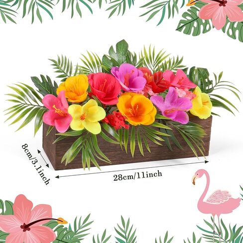 Dlerom Hawaiian Table Centerpieces Artificial Hibiscus Flowers Arrangements Wooden Crate, Wooden Planter with Tropical Palm Leaves for Summer Beach Tiered Tray Shelf Table Home Aloha Luau Party Decor in Saudi Arabia