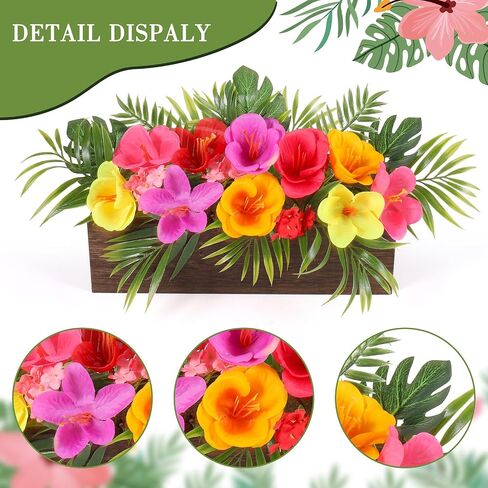 Dlerom Hawaiian Table Centerpieces Artificial Hibiscus Flowers Arrangements Wooden Crate, Wooden Planter with Tropical Palm Leaves for Summer Beach Tiered Tray Shelf Table Home Aloha Luau Party Decor in Saudi Arabia