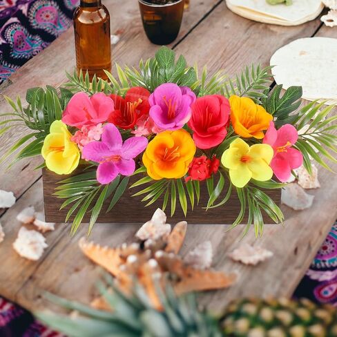 Dlerom Hawaiian Table Centerpieces Artificial Hibiscus Flowers Arrangements Wooden Crate, Wooden Planter with Tropical Palm Leaves for Summer Beach Tiered Tray Shelf Table Home Aloha Luau Party Decor in Saudi Arabia