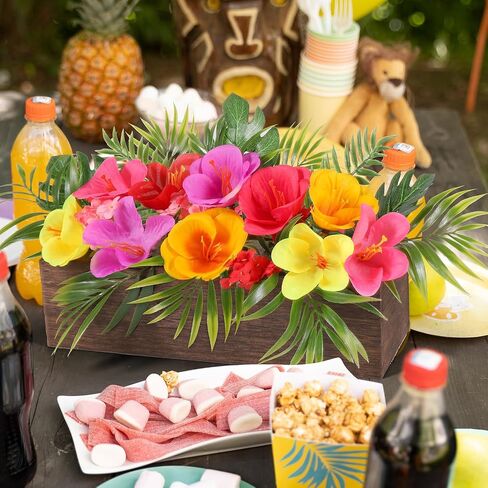 Dlerom Hawaiian Table Centerpieces Artificial Hibiscus Flowers Arrangements Wooden Crate, Wooden Planter with Tropical Palm Leaves for Summer Beach Tiered Tray Shelf Table Home Aloha Luau Party Decor in Saudi Arabia