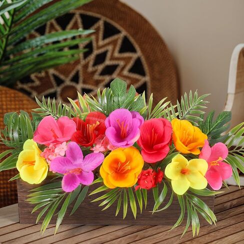 Dlerom Hawaiian Table Centerpieces Artificial Hibiscus Flowers Arrangements Wooden Crate, Wooden Planter with Tropical Palm Leaves for Summer Beach Tiered Tray Shelf Table Home Aloha Luau Party Decor in Saudi Arabia