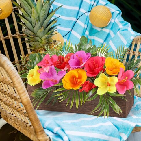 Dlerom Hawaiian Table Centerpieces Artificial Hibiscus Flowers Arrangements Wooden Crate, Wooden Planter with Tropical Palm Leaves for Summer Beach Tiered Tray Shelf Table Home Aloha Luau Party Decor in Saudi Arabia
