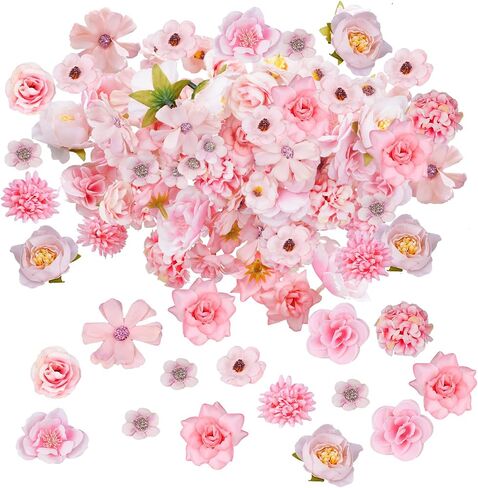 Faux Flower Heads Small Artificial Flowers for Crafts Mini Silk Fabric Floral Heads Fake Rose Daisy Peony for Garland Wedding Party Wreath Graduation DIY Party Home Decor(48 Pcs, Pink) in Saudi Arabia