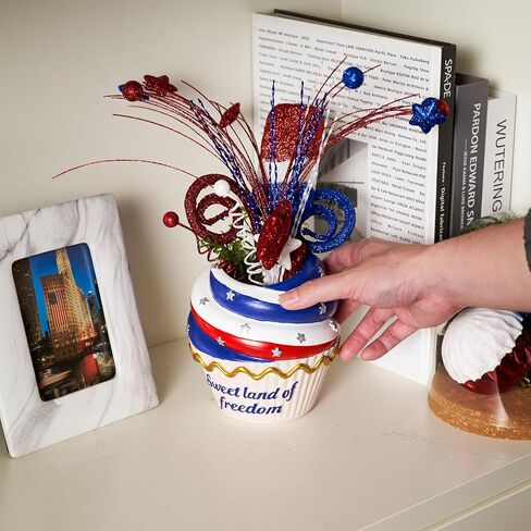 WDS WONDROUS 4th of July Centerpiece for Tables Red White and Blue Patriotic Flowers Decorations with Cupcake Vase, Resin Vase Shiny Popsicle Star Flowers for Independence Day Summer Memorial Day in Saudi Arabia