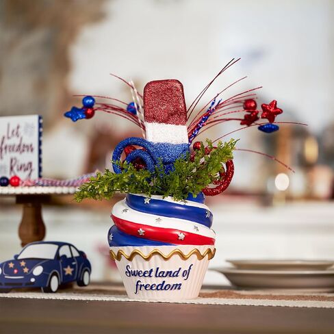 WDS WONDROUS 4th of July Centerpiece for Tables Red White and Blue Patriotic Flowers Decorations with Cupcake Vase, Resin Vase Shiny Popsicle Star Flowers for Independence Day Summer Memorial Day in Saudi Arabia