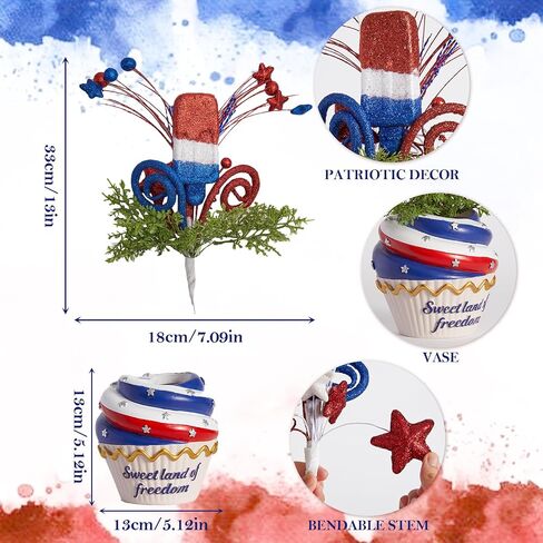 WDS WONDROUS 4th of July Centerpiece for Tables Red White and Blue Patriotic Flowers Decorations with Cupcake Vase, Resin Vase Shiny Popsicle Star Flowers for Independence Day Summer Memorial Day in Saudi Arabia