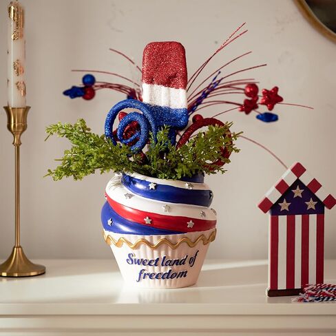 WDS WONDROUS 4th of July Centerpiece for Tables Red White and Blue Patriotic Flowers Decorations with Cupcake Vase, Resin Vase Shiny Popsicle Star Flowers for Independence Day Summer Memorial Day in Saudi Arabia