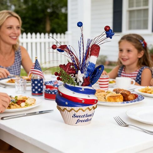 WDS WONDROUS 4th of July Centerpiece for Tables Red White and Blue Patriotic Flowers Decorations with Cupcake Vase, Resin Vase Shiny Popsicle Star Flowers for Independence Day Summer Memorial Day in Saudi Arabia