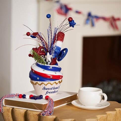 WDS WONDROUS 4th of July Centerpiece for Tables Red White and Blue Patriotic Flowers Decorations with Cupcake Vase, Resin Vase Shiny Popsicle Star Flowers for Independence Day Summer Memorial Day in Saudi Arabia