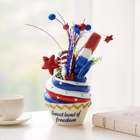WDS WONDROUS 4th of July Centerpiece for Tables Red White and Blue Patriotic Flowers Decorations with Cupcake Vase, Resin Vase Shiny Popsicle Star Flowers for Independence Day Summer Memorial Day in Saudi Arabia