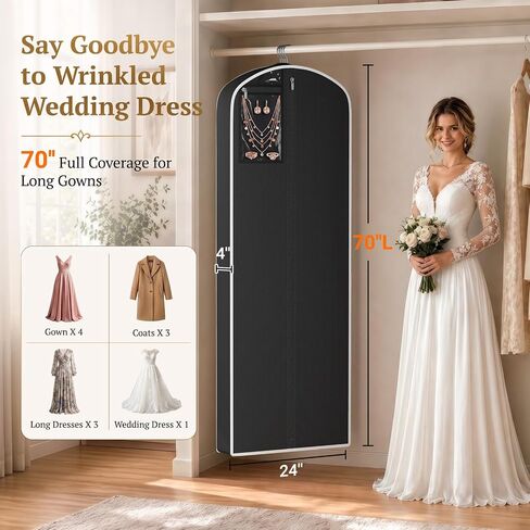 SLEEPING LAMB 70'' Wedding Dress Garment Bag with Large PVC Pocket, Long Dress Bag for Gowns for Closet Storage and Travel, Hanging Clothes Cover with 4'' Gusset, Black in Saudi Arabia