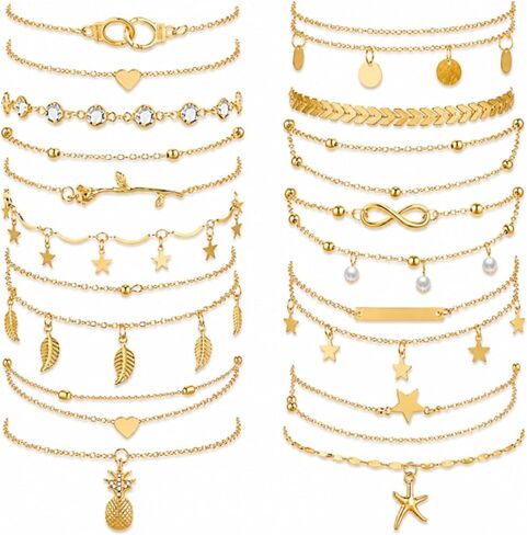 Hicarer 16 Pieces Ankle Bracelets 14K for Women Anklets Set Boho Beach Anklets Foot Chains Adjustable Foot Hand Jewelry Romantic Gift in Kuwait