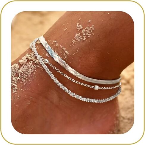 Tewiky Sterling Silver Ankle Bracelets for Women,Dainty Layered Waterproof Anklet for Women Adjustable Sparkly Herringbone Beaded Rope Chain Set Stackable Cute Summer Beach Jewelry Gift in Saudi Arabia