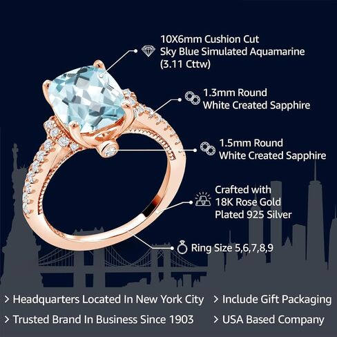 خاتم جيم ستون كينغ مطلي بالذهب الوردي عيار 18 قيراط فضي سماوي أزرق زبرجد مقلد وأبيض من الياقوت الأزرق للنساء | 3.11 كتو | خاتم الخطوبة والذكرى السنوية للزفاف للنساء in Kuwait