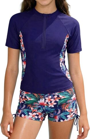 Girls Rash Guard Swimsuit 2 Piece Half-Zip Floral Printed Top with Drawstring Shorts Girls Swimsuit 7-16Y in Saudi Arabia