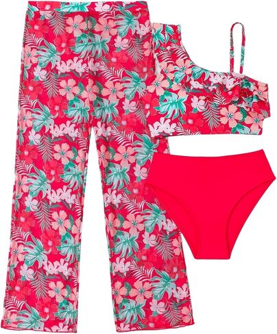 Girls 3 Pieces Bikini Swimsuit Kids Bathing Suit with Rash Guard Pants Quick Dry Swimwear for Summer Vacation Red 7-16Y in Kuwait
