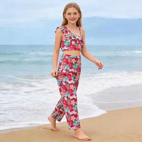 Girls 3 Pieces Bikini Swimsuit Kids Bathing Suit with Rash Guard Pants Quick Dry Swimwear for Summer Vacation Red 7-16Y in Kuwait