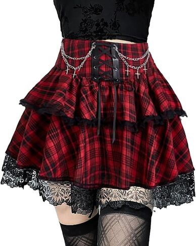 Womens Y2k Goth Plaid Mini Skirt Tie Waist Lace Up Fluffy Double Layered Ruffles Punk Pleated Skirts with Chain in Saudi Arabia