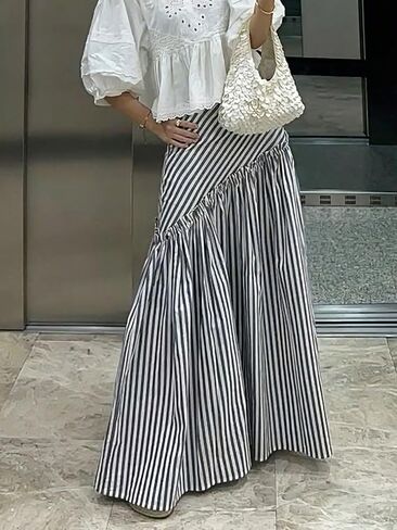 Women's Striped Maxi Skirt Frill Trim Ruffle Flowy A Line Trendy Boho Long Skirts in Kuwait