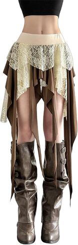 TOMETO STAR Flowy Asymmetrical Skirt for Women - Layered Lace Floral Gothic Boho Punk Style, Vacation Dance in Saudi Arabia