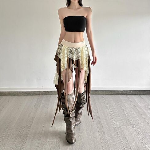 TOMETO STAR Flowy Asymmetrical Skirt for Women - Layered Lace Floral Gothic Boho Punk Style, Vacation Dance in Saudi Arabia