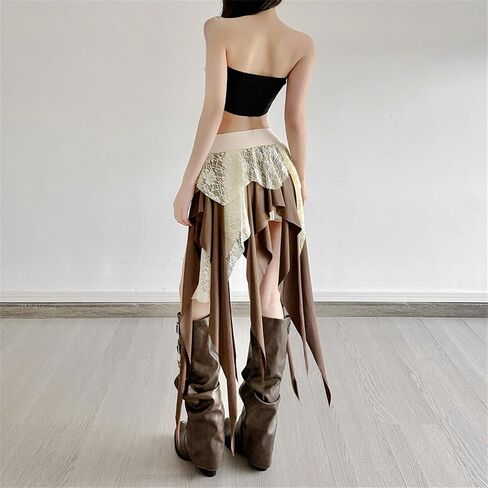 TOMETO STAR Flowy Asymmetrical Skirt for Women - Layered Lace Floral Gothic Boho Punk Style, Vacation Dance in Saudi Arabia