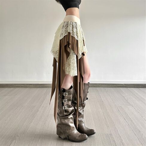 TOMETO STAR Flowy Asymmetrical Skirt for Women - Layered Lace Floral Gothic Boho Punk Style, Vacation Dance in Saudi Arabia