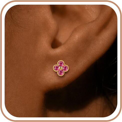 Gold Stud Earrings for Women Birthstone Clover Earring Trendy 14K Gold Plated Hypoallergenic Dainty Green Diamond Earrings for Sensitive Ears Red Pink Small Post Cute Jewelry Birthday Gifts in Saudi Arabia