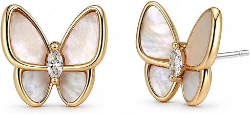 CoBi Butterfly Stud Earrings for Women,18K Gold /925 Sterling Silver Plated, Mother of Pearl & Acrylic Inlay with Cubic Zirconia Center, Ideal Gifts in Kuwait